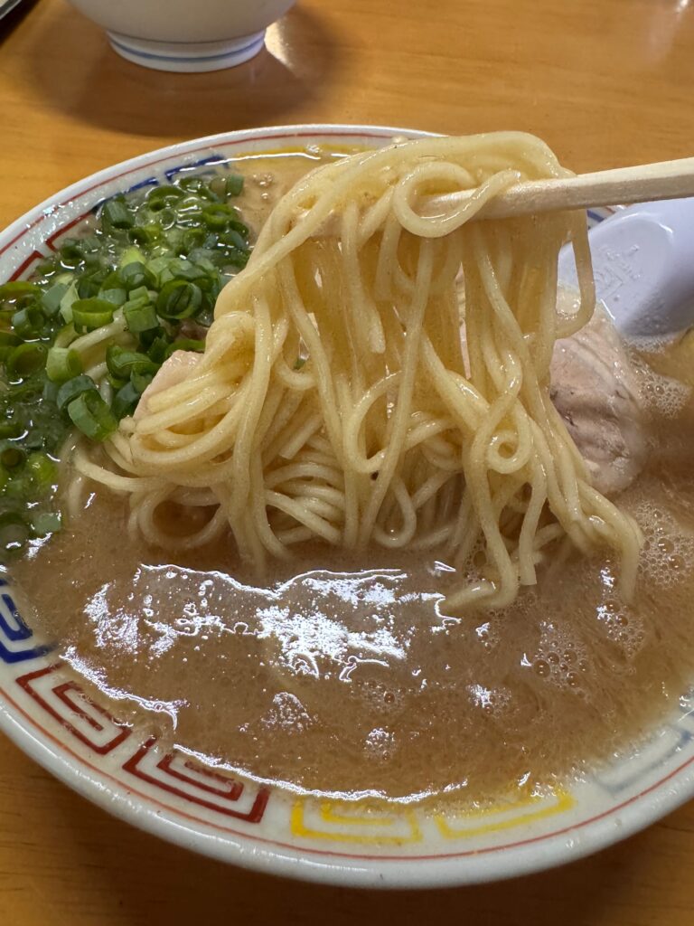 大臣閣の細めストレート麺を箸で持ち上げたところ